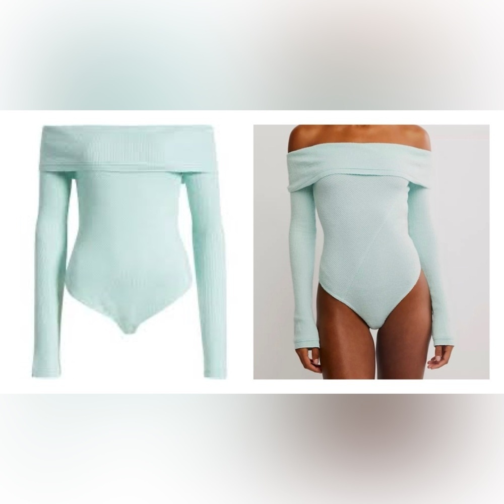 Free People Off-Shoulder Textured Mint Ribbed Bodysuit NWT